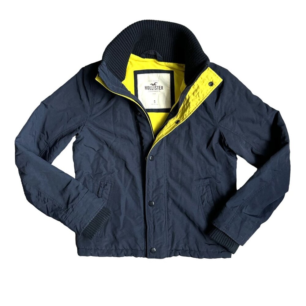 Vtg Hollister Mens Navy Yellow Ribbed Collar‎ Button Zipper Closure Lightweight